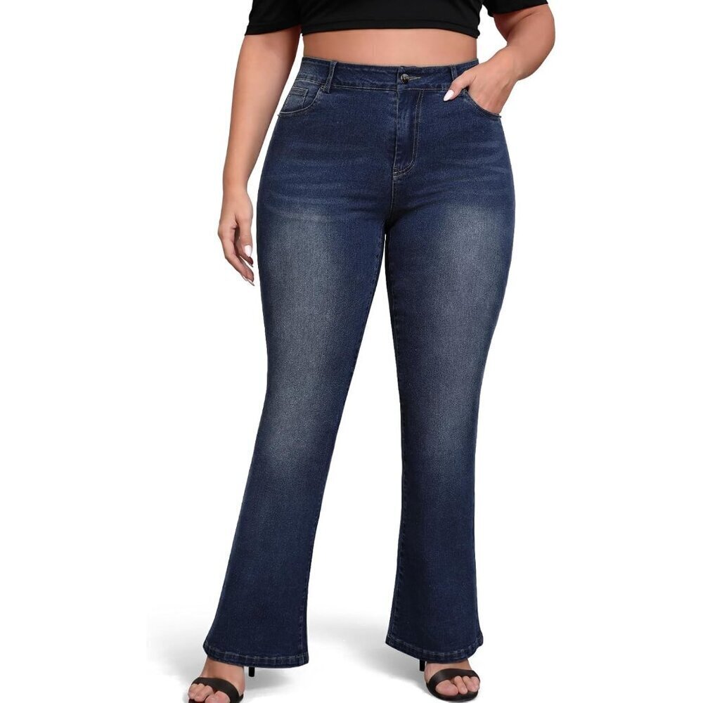 Plus Size High Waisted Stretchy Bootcut Jeans for Women Dark Blue